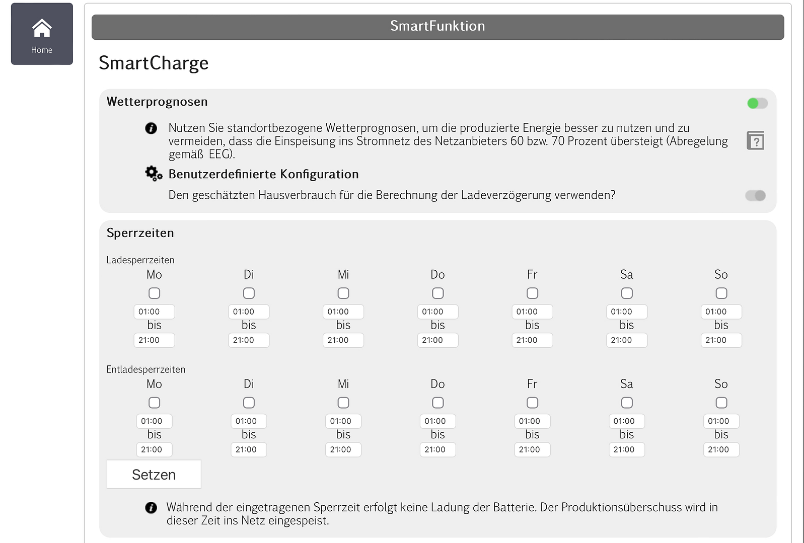 E3/DC Sperren für Speicher Einstellungen